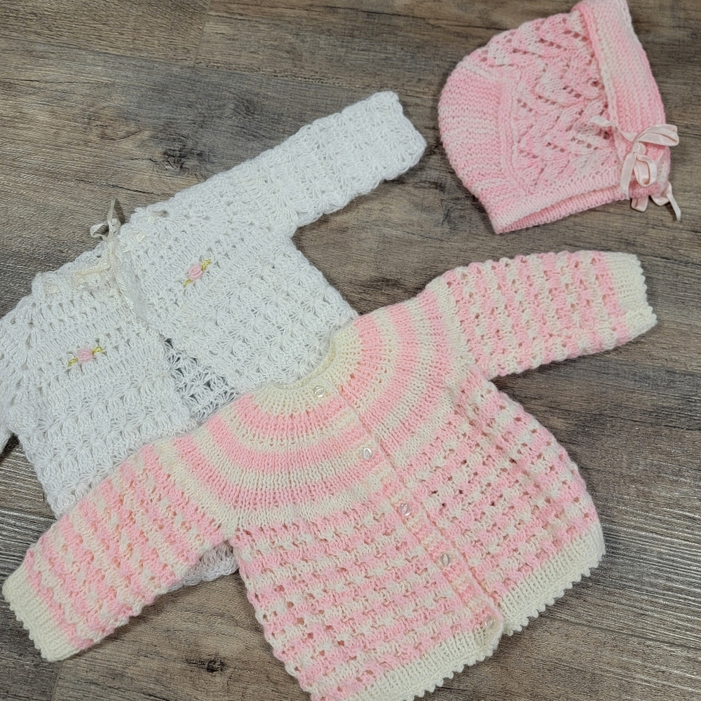 Vintage Handmade Baby Sweater Set 3 Pc Pink Knit & White Crochet 0-3, 3-6 Mo